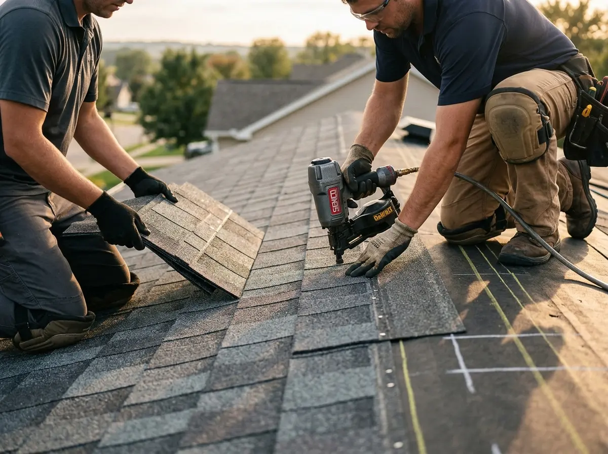 Professional roofer working on a residential roof in Santa Fe Springs